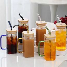 Tumblers 400ml square heat-resistant transparent glass cup with bamboo lid and straw milk tea coffee water home bar beverage H240506