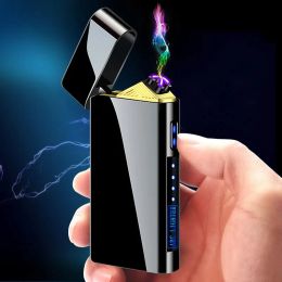 Accessories New USB Electric Metal Windproof Flameless Pulse Double Arc Lighter LED Power Display Touch Igniting Cigar Lighter High end Gift
