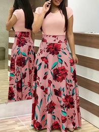 2023 European and American style flower print Colour matching short sleeved dress for womens large swing skirt 240423