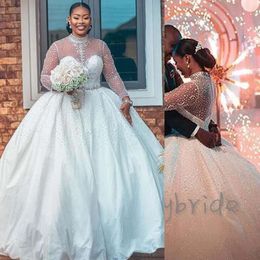 Dresses African High Size Plus Neck Beaded Crystals Custom Made Long Sleeves Satin Floor Length Wedding Bridal Gown Vestidos