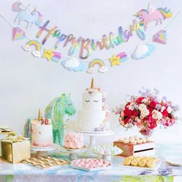 Banner Flags 1set Unicorn Birthday Party Pull Flag Banner Multicolor Bright Unicorn Kids Boys Girls Birthday Party Wall Banner Decorations