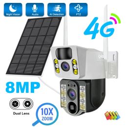 Cameras 8MP 4K Solar IP Camera 4G Sim Dual Lens Outdoor 10xZoom PIR Human Detection CCTV Camera Low Powered V380pro Smart Security Cam