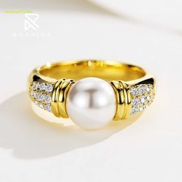 Rochime classic design vintage 925 silver 18k gold plated 8mm pearl diamond ring luxury zircon jewelry for women