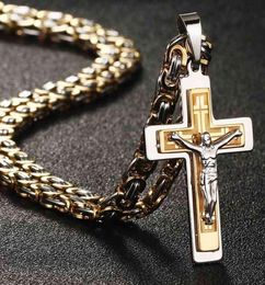 Heavy Crucifix Cross Pendant Necklace Gold Stainless Steel Male Punk Byzantine Chain Men Necklaces Jewellery Gifts9487098