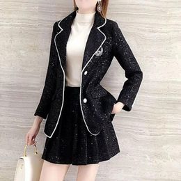 Work Dresses Autumn Wool Blends Two-piece Suit Women Fashion Small Fragrance Wind Jacket Mini Pleated Skirts Ladies Slim Winter Skirt Sets