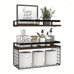 Decorative Plates Double Layer Bathroom Rack Wall-Mounted Floating Shelf With Storage Basket Wooden Metal Rust-proof Organizer