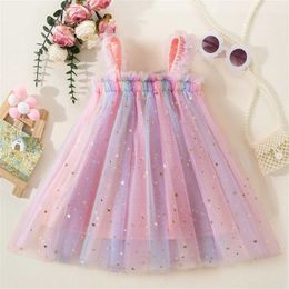 Girl's Dresses Baby Girl Party Princess Dress 2024 Summer Toddler 3D Fairy Butterfly Wings Strap Mesh Tutu Rainbow Cute Fashion Dress 1-5Yrs