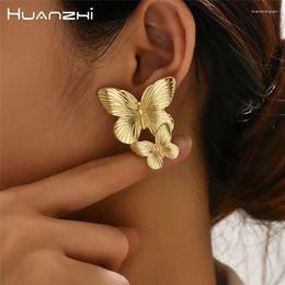 Stud Earrings HUANZHI French Gold Colour Double Butterfly For Women Girls Metal Vintage Texture Large Elegant Party Jewellery Gifts