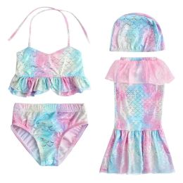 Swimwear 2023 Summer Baby Girls Mermaid Swimsuit Fourpiece Suit For 210Years Kids Beach Bathing Suit Children Little Mermaid Costume