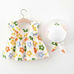 Girl's Dresses Summer Children Girl Dress+Hat Flower Print Beach Party Kid Dress Baby Girl Clothes Princess Costume Birthday Girl Outfit