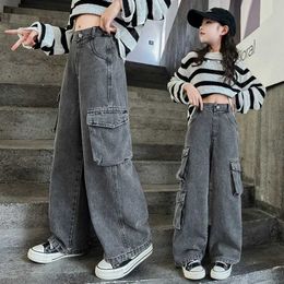 Trousers Teenage girls wide leg cargo jeans 2024 autumn fashion childrens casual denim pants school young childrens straight bag handcart 15YL2403