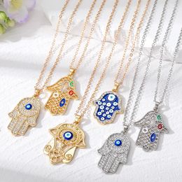 Pendant Necklaces Zircon Retro Turkey Eye Hamsa Hand Necklace For Women Bling Hollow Punk Ethnic Blue Evil Fatima Sweater Chians Jewelry