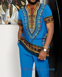 Summer African Clothes Dashiki Suit for Men Print Short Sleeve T Shirt Trousers 2 Piece Set Men Oversized Casual Walking Suit 240521