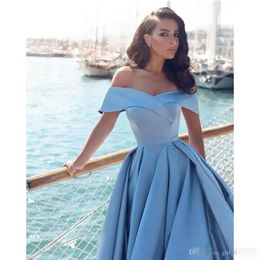 Off Shoulder 2020 Satin The Prom Dresses Capped Sleeves High Slit Sweep Train Plus Size Evening Party Gowns