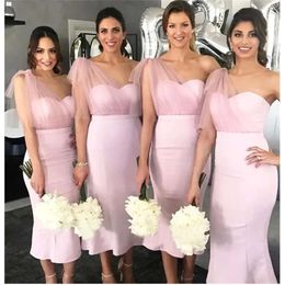 Bridesmaid Pink One Mermaid Dresses Shoulder Tea Length Tulle Ruched Custom Made Plus Size Maid Of Honor Gowns