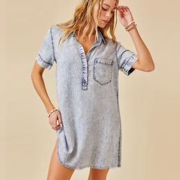 Mini Denim Dress Women 2024 Summer Casual Loose Washed Short-Sleeved Thin V Neck A-line Dresses 240426