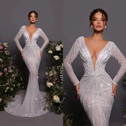 Deep Sequined Dresses Mermaid V-Neck Wedding Fashion Pearls In Line Long Sleeves Backless Zipper Custom Made Plus Size Bridal Gown Vestidos De Novia