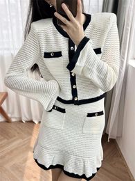 Women's Knits Women 2024 Spring And Summer Contrast Black Mesh Round Neck Bell Sleeves Knitted Ruffle Top/same Style Skirt