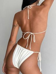 Women's Swimwear Women Two Piece Swimsuit Sexy Bowknot Tie-Up Halter String Triangle Bikini Sets