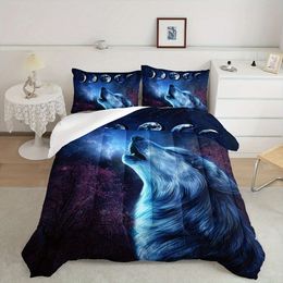 Duvet Cover 3pcs Galaxy Night Moon Bedding Set, Howling Wolf Down Lunar Eclipse Bed Set For Teens Room Decor Wild Animals Comforter (1*Comforter + 2*Pillowcase)