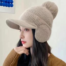 Ball Caps Big Pompom Wool Knitted Hat For Women Solid Colour Velvet Lined Warm Earflaps Baseball Cap Ladies Outdoor Sport Cold-proof Bonnet