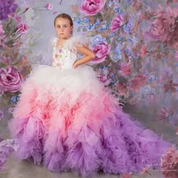 Puffy Girls Pageant Dresses for Po Shoot Feathers Tiers Ruffles Kids Birthday Prom Gowns Children Flower 240428