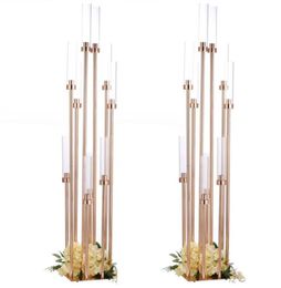 Candle Holders 10PCS Flowers Vases Road Lead Table Centrepiece Gold Metal Stand Pillar Candlestick For Wedding Candelabra2429111