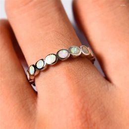Cluster Rings Luxury Female White Round Fire Opal Stone Engagement Ring Trendy Silver Colour Wedding Jewellery Gift For Women