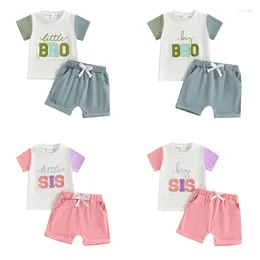 Clothing Sets Kids Boys Girls Matching Outfits Short Sleeve Embroidery Letters Patchwork T-shirts Elastic Waist Shorts Toddler Summer