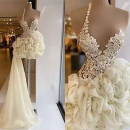 Sukienki jedno ramię Wspaniały pasek balowa marszczyzny mini ręcznie robione kwiaty kryształy koraliki na zamówienie wieczorne suknia wieczorowa formalny OCN noszenie vestidos plus rozmiar