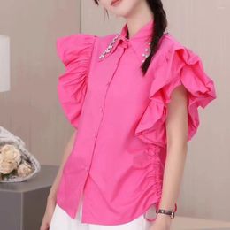 Women's Blouses High Quality Diamonds Collar Cotton And Shirts For 2024 Summer Short Sleeve White Blouse Tops Blusas