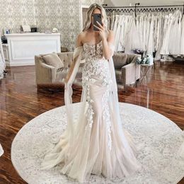Bridal Dresses Straps Designer Wedding Mermaid Gown Off The Shoulder Lace Applique Sleeveless Tulle Custom Made Sweep Train Vestidos De Novia Plus Size