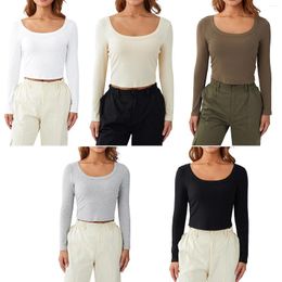 Women's T Shirts 2024 Spring Women Fashion Solid Color Ribbed Scoop Neck Long Sleeve T-Shirts Autumn Wild Slim Fit Bottoming Crop Tops