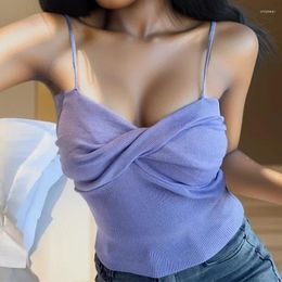 Women's Tanks Women Pleated Strapy Camisoles Female Slim Spaghetti Crop Tops Knitted Sexy For Cloth 2024 Spring Summer