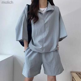 Women's Shorts Womens casual track and field clothing half zip T-shirt+shorts 2-piece set summer Korean fashion womens solid color loose fitting sportswear WX