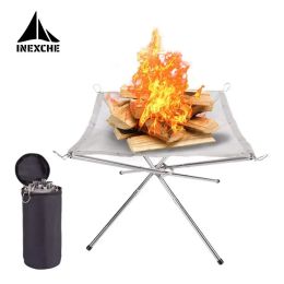 Grills Portable Outdoor Fire Pit Burning Rack Camping Foldable Stainless Steel Leg Mesh Fireplace BBQ Grill Stove Camp Equipment