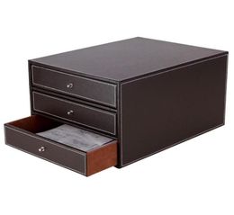 3 Layers Wood Leather Desk Set Filing Cabinet Storage Drawer Box Office Organizer Document Container Holder Black ZA46376295608