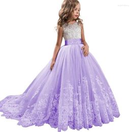 Girl Dresses Elegant Lace 2024 Girls Princess Dress Embroidery Wedding Long Bow Trailing Evening