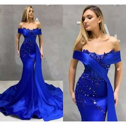 Mermaid Dresses Blue Royal Evening Sleeveless Off The Shoulder Neck Beaded Lace Applique Floor Length Ruched Satin Custom Made Plus Size Prom Gown Vestidos