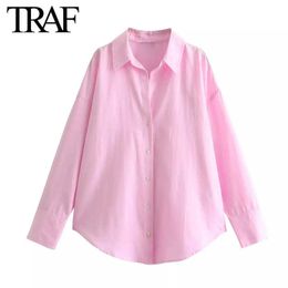 Womens Blouses Shirts TRAF Womens Fashion Long sleeved Single breasted Collar Cotton Oxford Shirt Street Clothing Fashion Womens Crop Top Unprinted Good ProductL