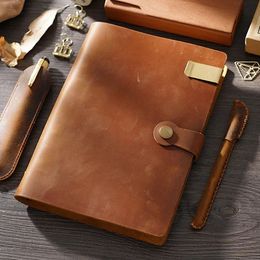 Genuine Leather Rings Notebook A5B5 Planner With Brass Binder Spiral Sketchbook Snap Button Personal Diary Stationery 240428