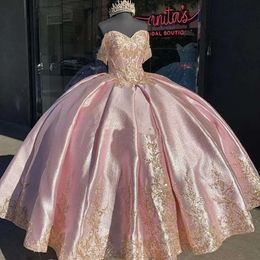 Quinceanera With Pink Gold Dresses Lace Applique Elegant Off The Shoulder Satin Sweet 16 Birthday Party Ball Gown Custom Made Vestidos
