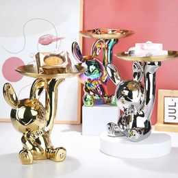 Decorative Objects Figurines Rabbit Statue Figurine Storage Tray Animal Ornament Metal Resin Sculputre Living Room Figurine Home Decoration Christmas Gift T2405