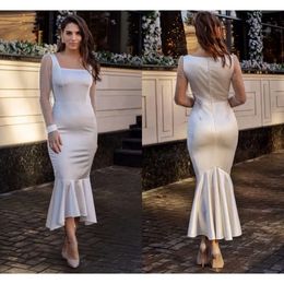 Evening 2024 Dresses Square Mermaid Neck Long Sleeves Satin Tulle Tea Length Custom Made Plus Size Formal Ocn Wear Arabic Prom Gown Vestidos