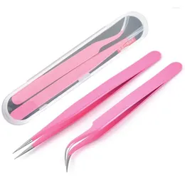 False Eyelashes Lash Tweezers Pack Of 2 Stainless Steel For Eyelash Extensions Straight And Curved Tip Tools Pink