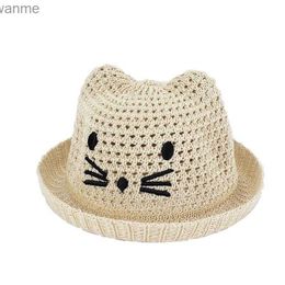 Caps Hats Childrens Summer Sunscreen Straw Knitted Sun Fisherman Hat Boys and Girls Imitate Raffia Embroidered Cartoon Cat Breathable Bonsai Hat R64 WX