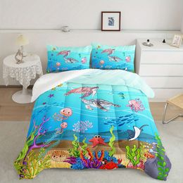 Duvet Cover 3Pcs Comforter Ocean Watercolor Sea Turtle Bedding Tropical Fish Marine Life Bed Set (1*Comforter + 2*Pillowcase)