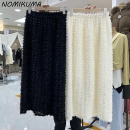 Skirts Nomikuma Korean 3D Petal Tassel Straight Fashion Plush Split Mid Length Skirt With Buttocks 2024 Spring Bottoms Mujer