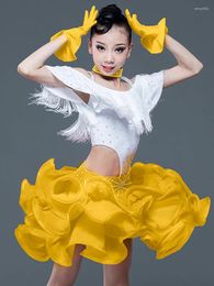 Stage Wear Children Latin Dance Competition Fluffy Skirt Kids Girls Tassel Samba Chacha Rumba Flower Performance Costume