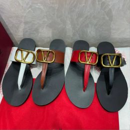 Slippers Designer Woman Brand Sandals Metal V Buckle Flip Flops Slippers Real Leather Women Luxurys Slides Fashion Causal Slipper Size 354
